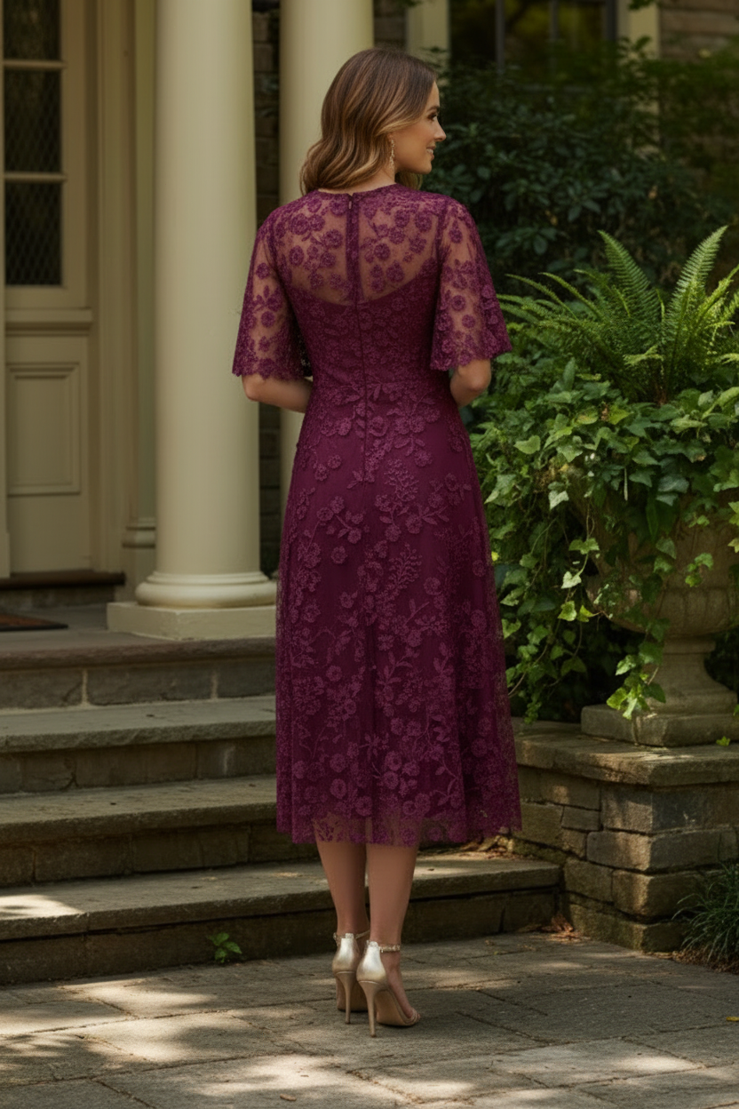 Embroidered Floral Midi Dress with Flutter Sleeves