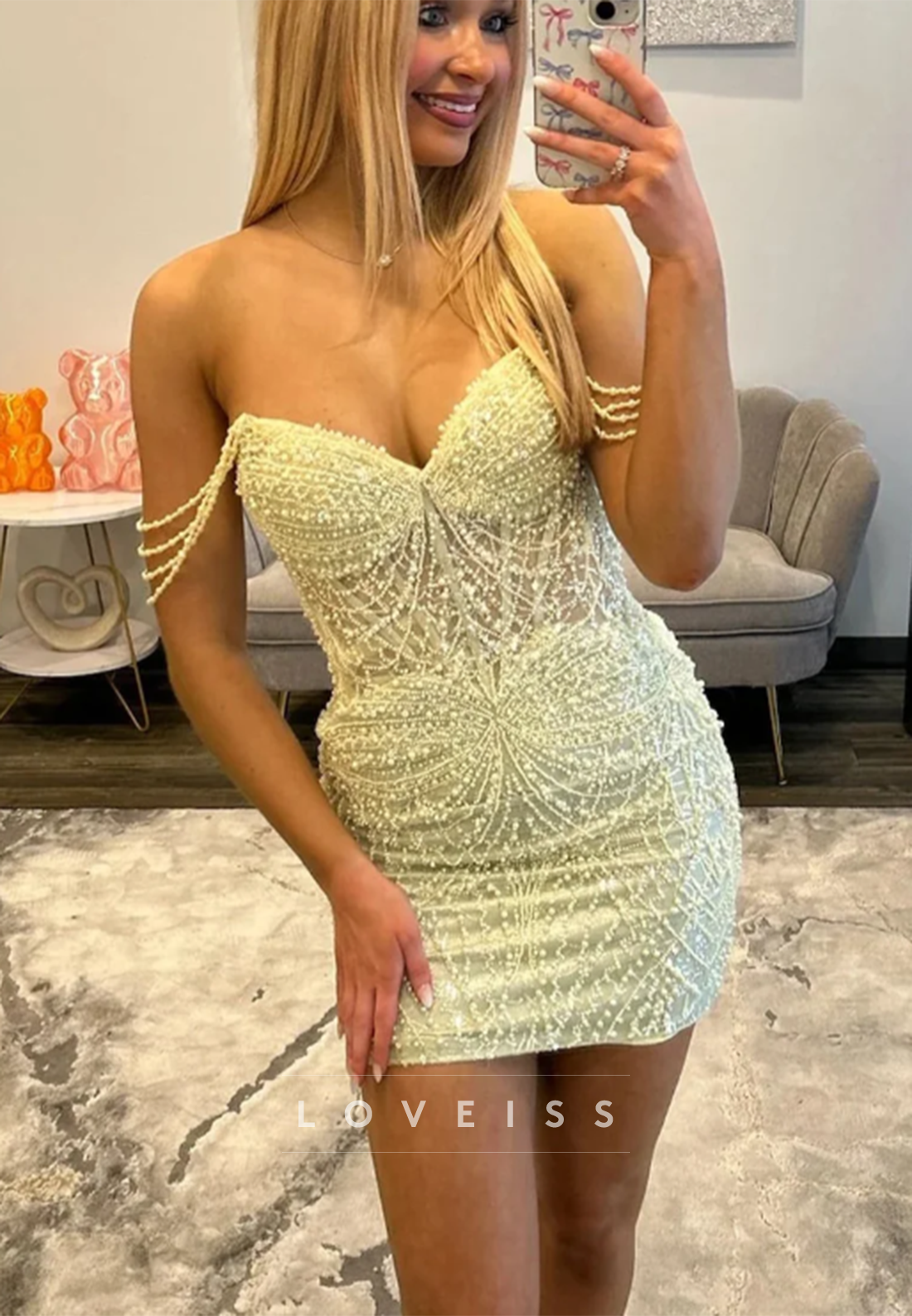 Beaded Pearl Corset Mini Dress with Draped Straps