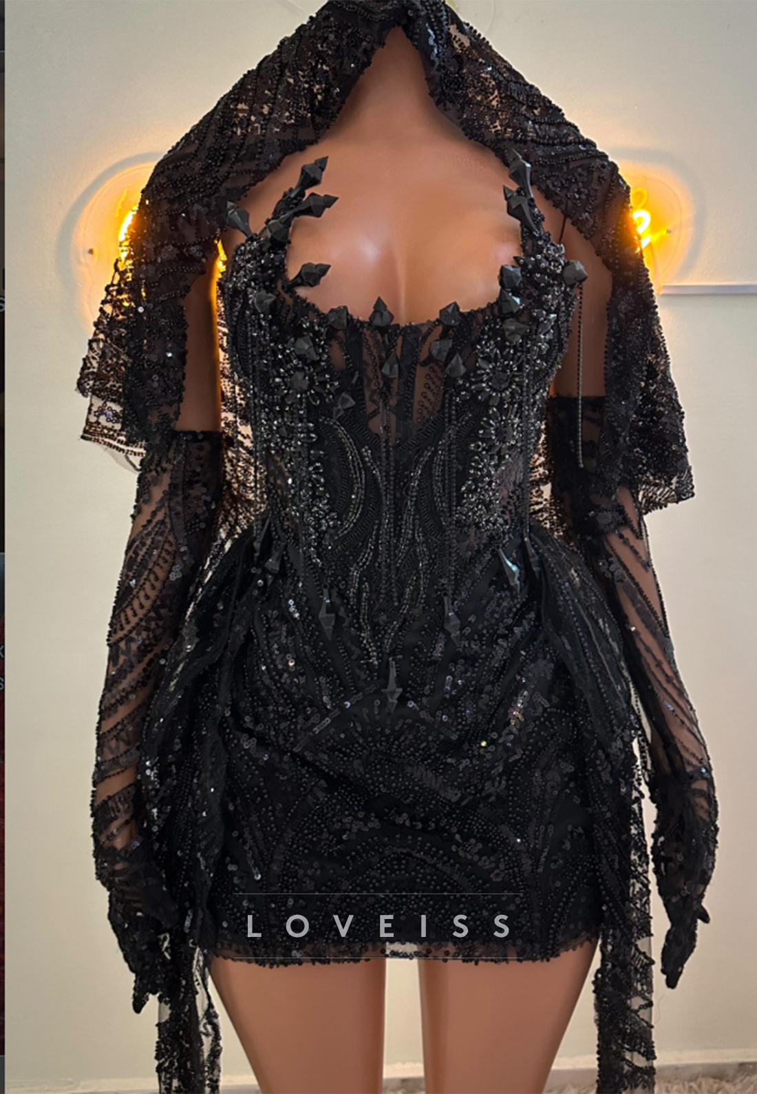 Beaded Corset Mini Dress with Cape & Gloves
