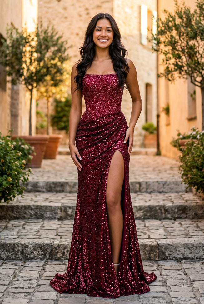 Strapless Sequin Gown with High Slit