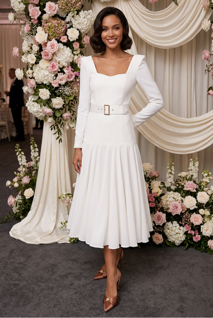 Belted Midi Dress with Pleated Drop-Waist Skirt