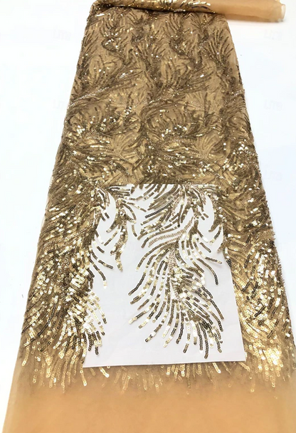 Sequin Feather A-Line Evening Gown with 3/4 Sleeves