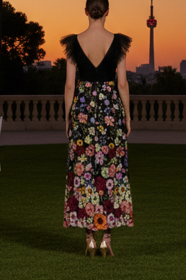 Floral Embroidered Flutter Sleeve Midi Dress