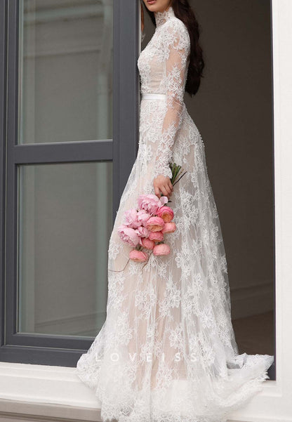 High Neck Lace Wedding Dress with Long Sleeves