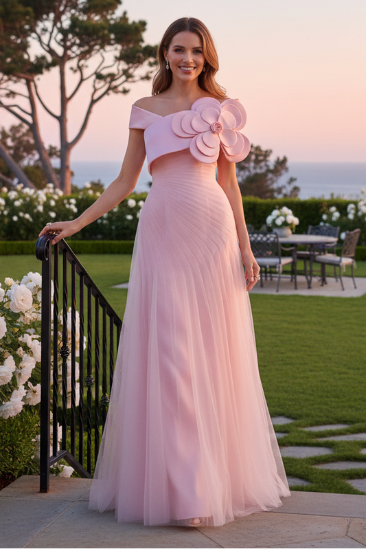 Off-Shoulder Satin Gown with 3D Flower Detail