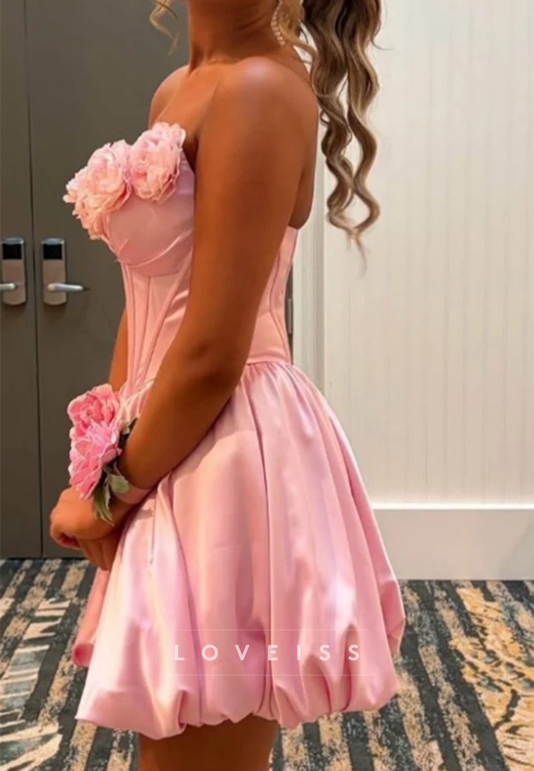 Corset Bubble Hem Mini Dress with 3D Floral Trim