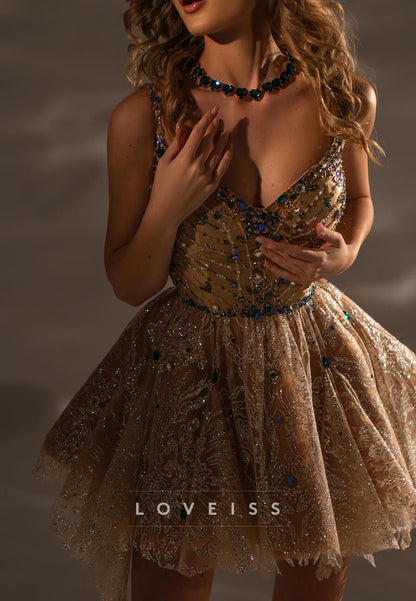 Crystal Embellished Corset Mini Dress with Full Skirt