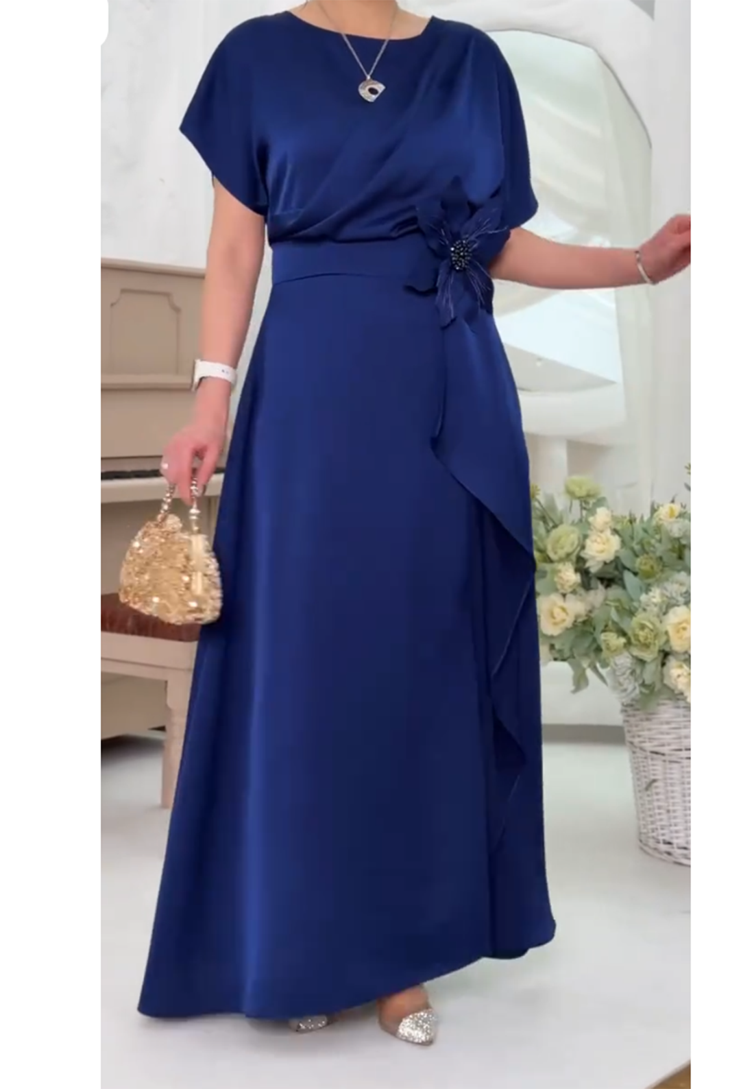 Draped Waist Maxi Dress with Floral Accent