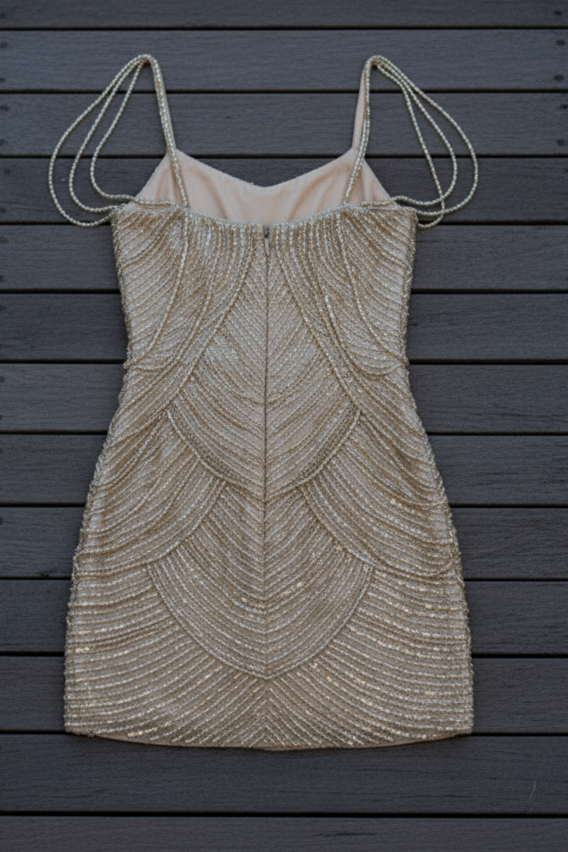 Beaded Fringe Backless Mini Dress with Draped Sleeves