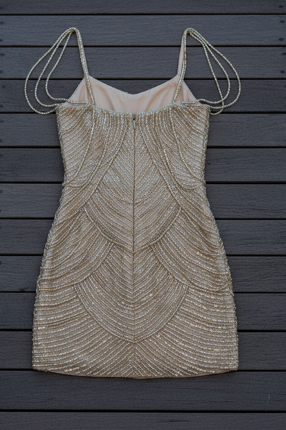 Beaded Fringe Backless Mini Dress with Draped Sleeves