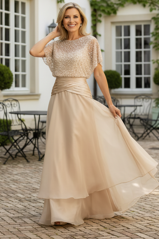 Beaded Bodice Tiered A-Line Evening Gown