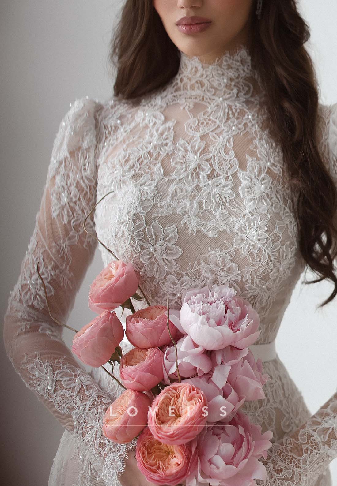 High Neck Lace Wedding Dress with Long Sleeves