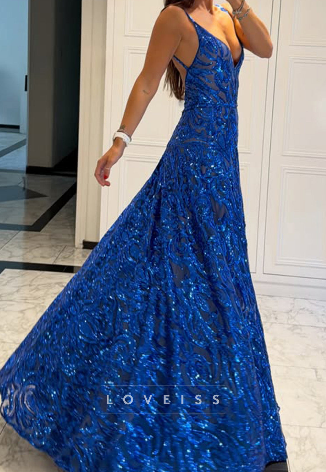 Sequin V-Neck A-Line Gown with Spaghetti Straps
