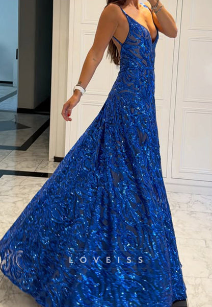 Sequin V-Neck A-Line Gown with Spaghetti Straps