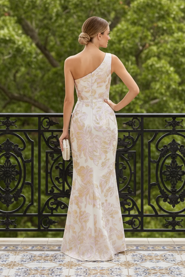 One-Shoulder 3D Floral Jacquard Maxi Dress