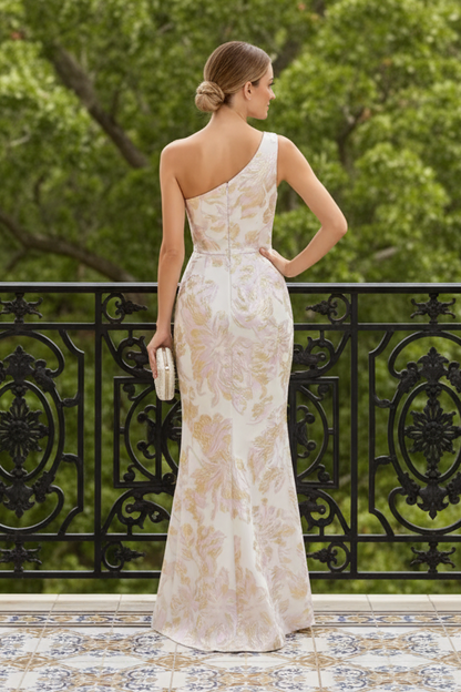 One-Shoulder 3D Floral Jacquard Maxi Dress