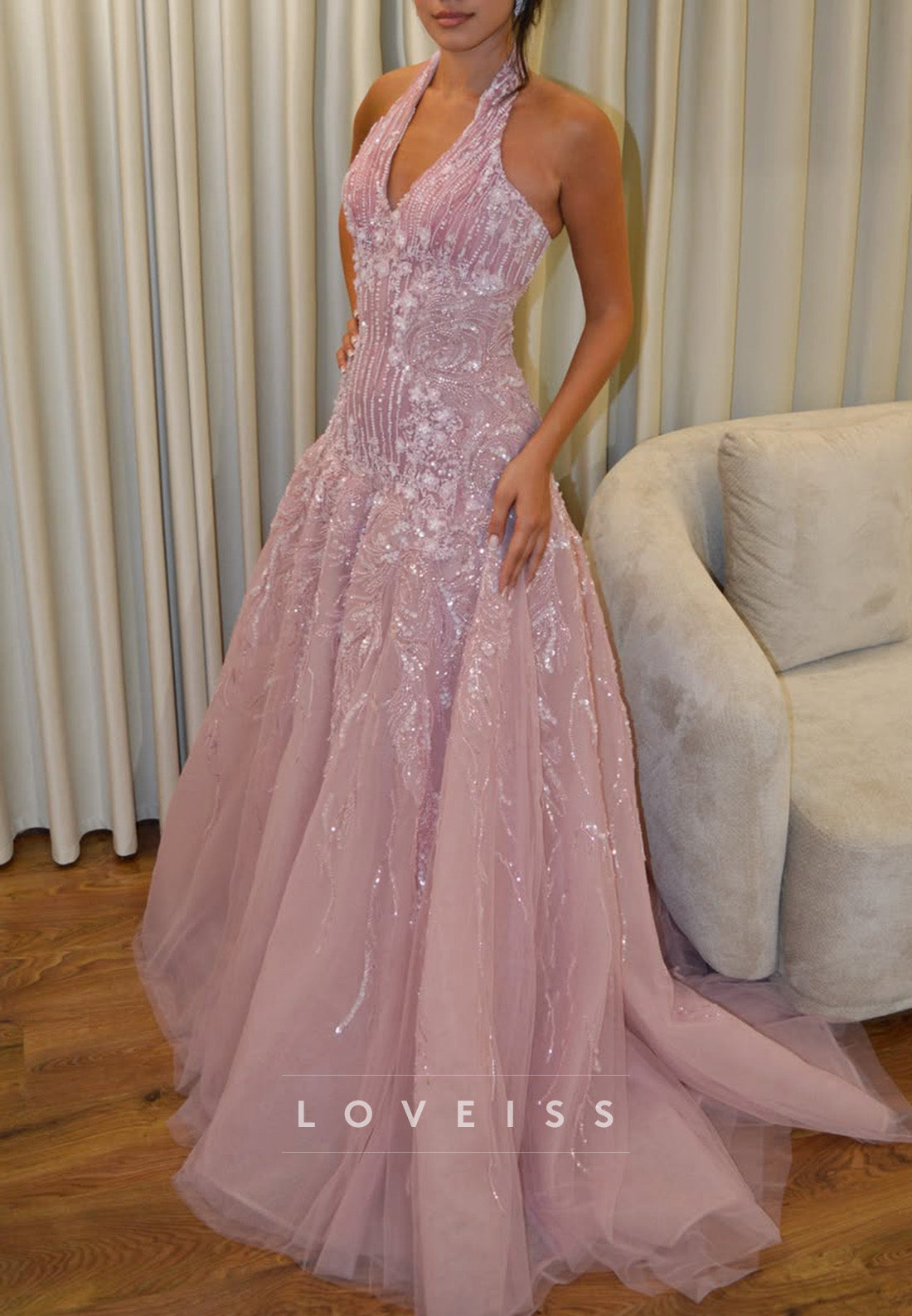 Halter Beaded Tulle Fit and Flare Evening Gown