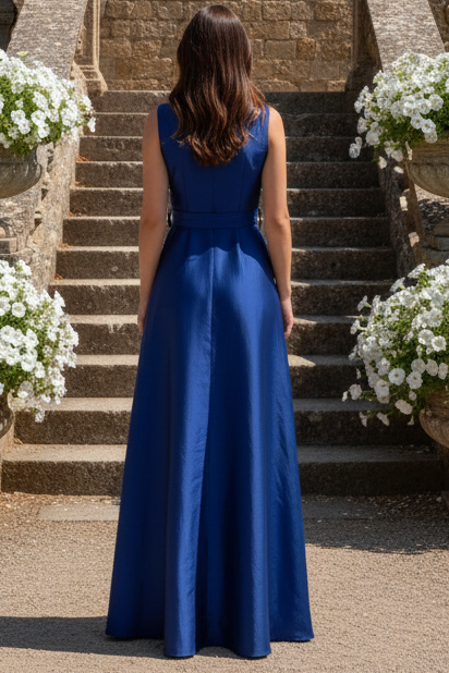 Collared Sleeveless A-Line Gown with Tie Waist