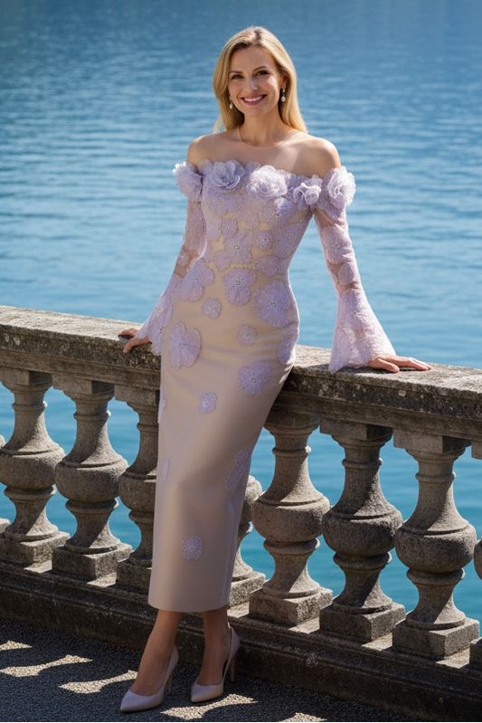 3D Floral Applique Illusion Neckline Bell Sleeve Gown
