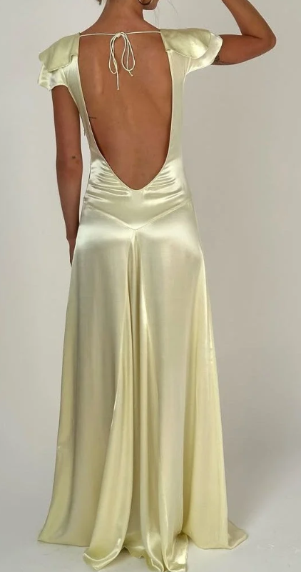 Deep V-Neck Backless Satin Gown with Flutter Sleeves