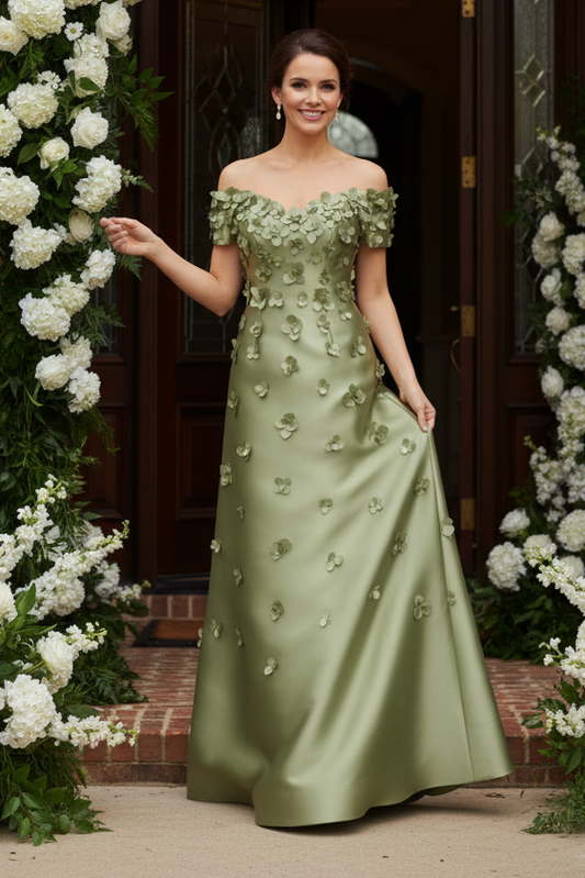 Off-the-Shoulder 3D Floral A-Line Gown