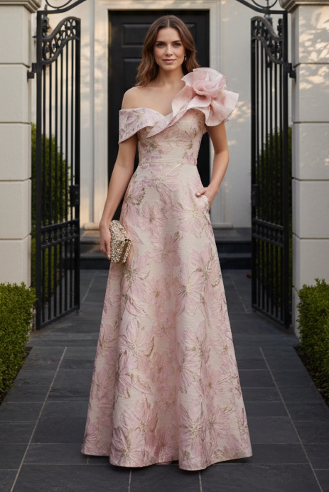 Off-Shoulder 3D Flower Jacquard A-Line Evening Gown