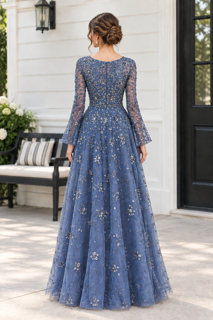 Beaded Floral Sequin Long Sleeve A-Line Gown