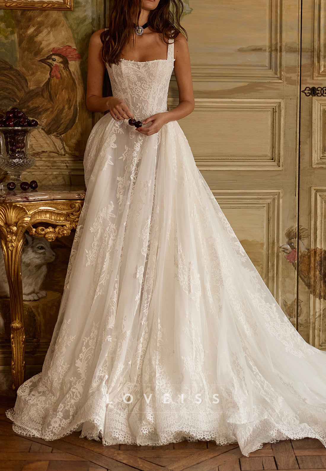 Square Neck Lace A-Line Wedding Dress
