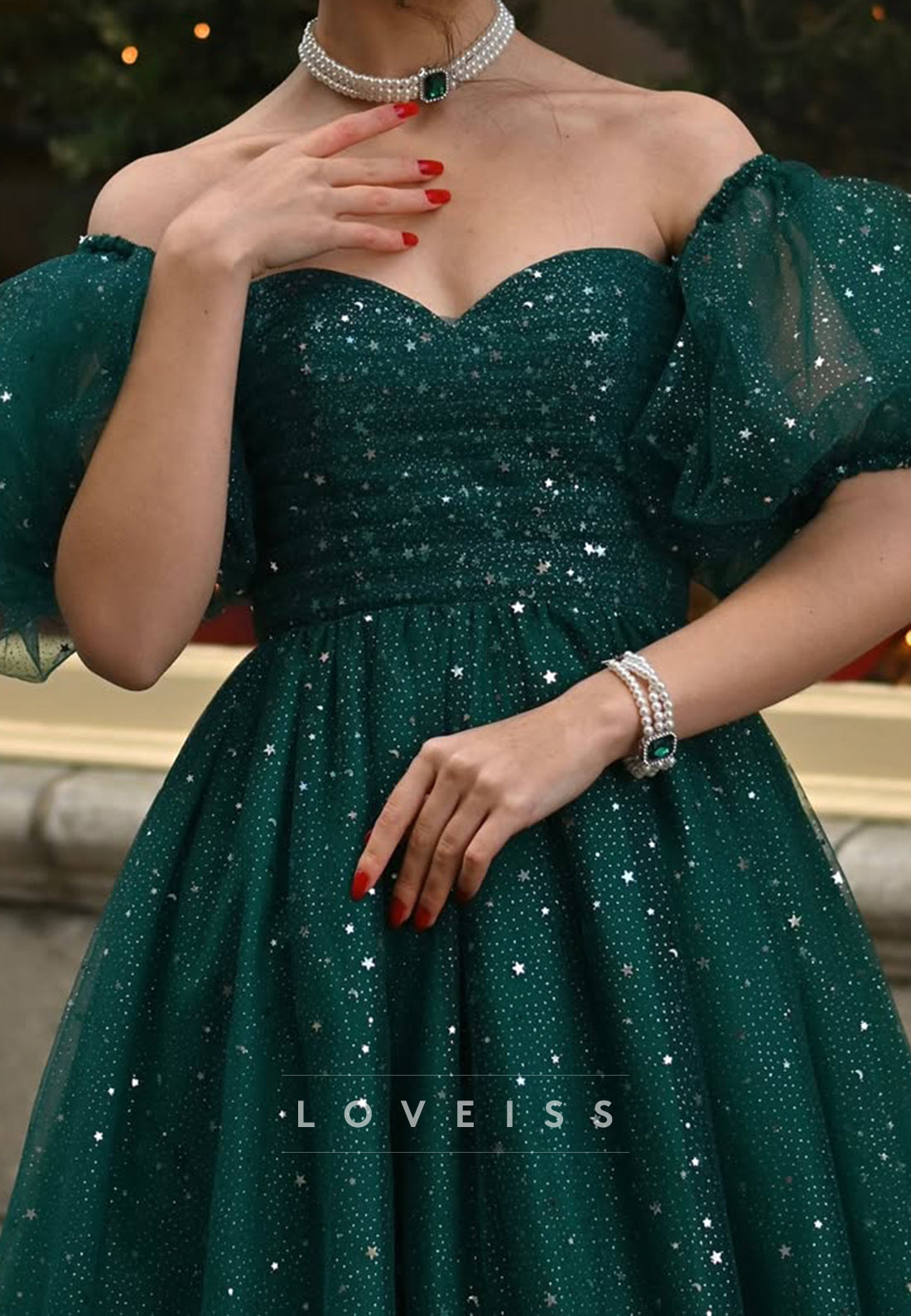 Starry Glitter Tulle Tea-Length Dress with Puff Sleeves
