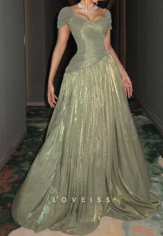 Metallic Pleated A-Line Gown with Cap Sleeves