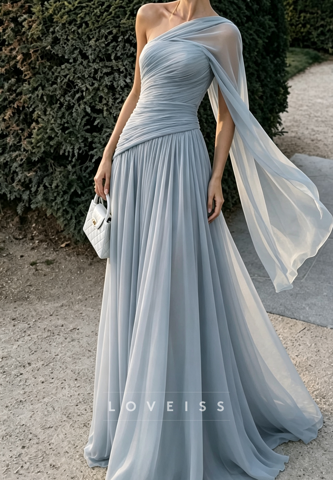 One Shoulder Chiffon A-Line Evening Gown with Cape Sleeve