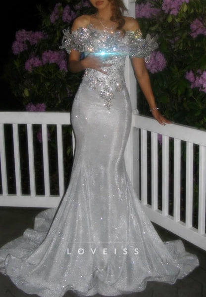 Mermaid Off Shoulder Glitter Gown with Crystal Bodice