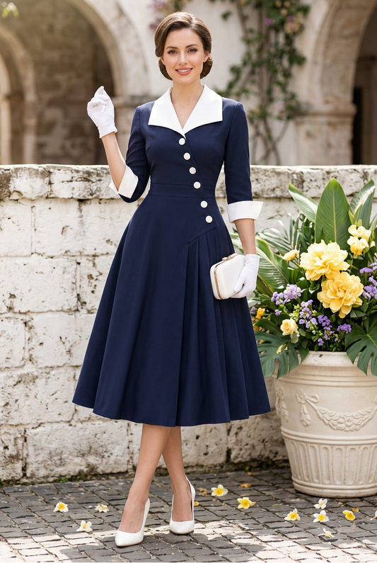 Collared Asymmetric Button A-Line Midi Dress