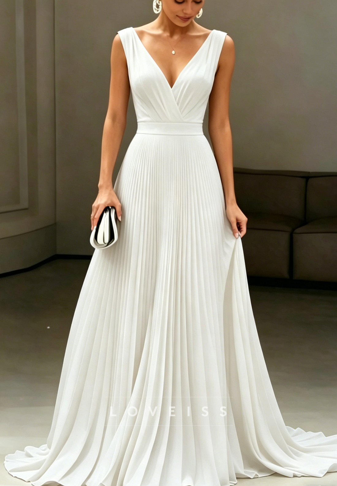 Sleeveless Pleated V-Neck A-Line Gown with Slit