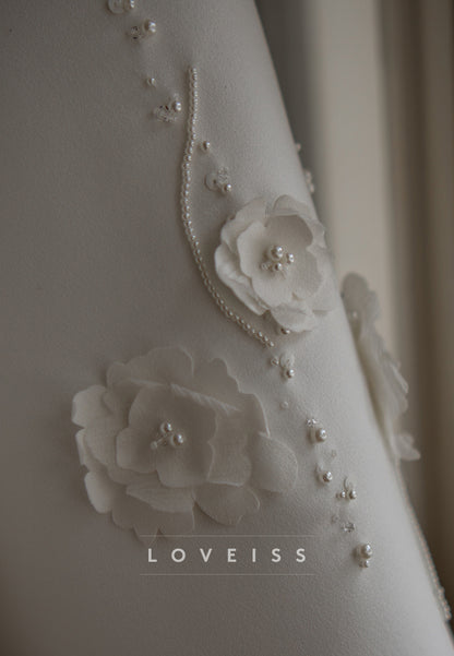 Satin A-Line Wedding Dress with 3D Floral & Pearl Hem