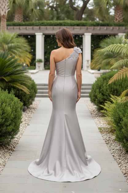 One-Shoulder Mermaid Gown with 3D Flowers and Slit
