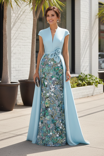 Cap Sleeve Column Gown with Satin Overskirt