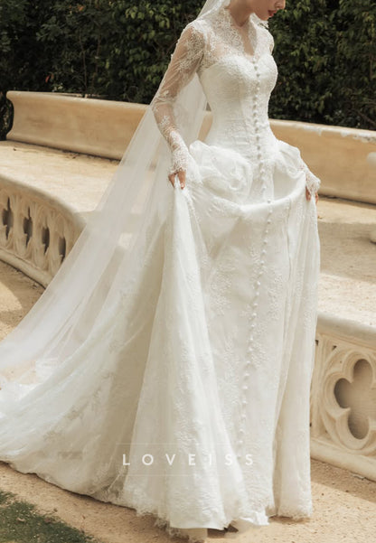 Lace High Neck Long Sleeve A-Line Wedding Dress