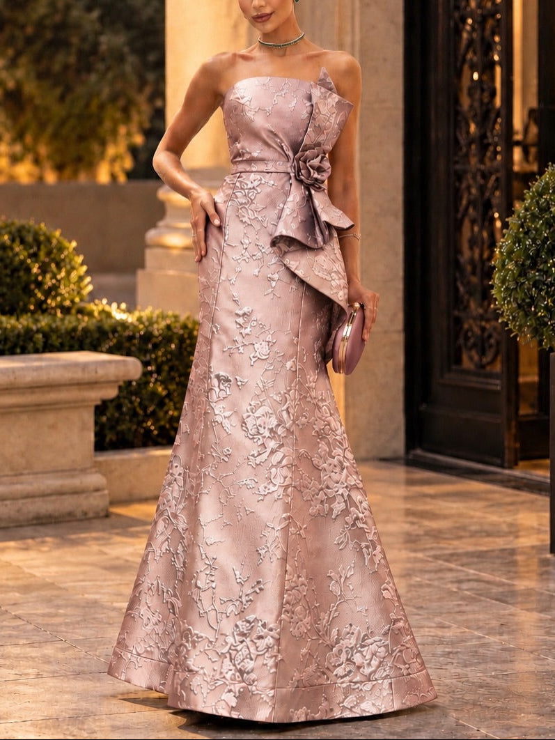 Strapless Jacquard Evening Gown with 3D Flower