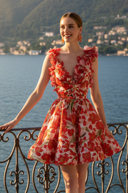 Floral Print 3D Flower Applique Mini Dress