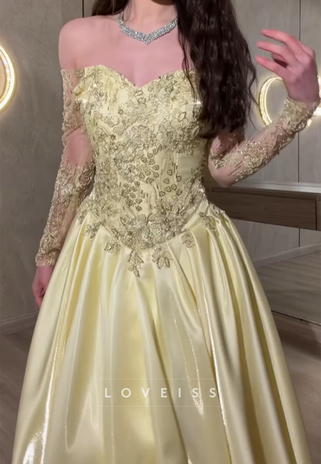 Off Shoulder Satin Ball Gown with Lace Appliques