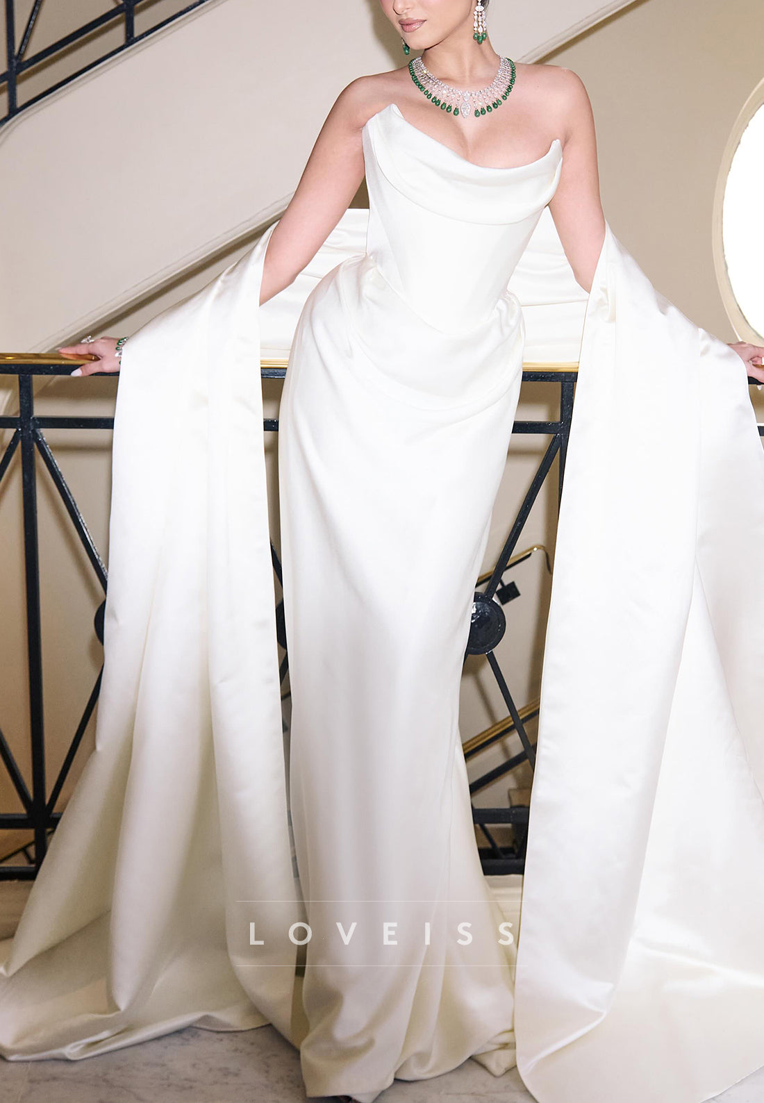 Strapless Cowl Satin Wedding Gown with Shawl