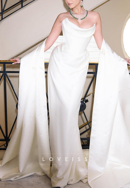 Strapless Cowl Satin Wedding Gown with Shawl
