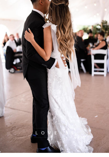 Lace Mermaid Wedding Dress with Tulle Shoulder Bows