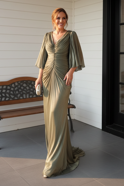 Ruched Button-Front Evening Gown with Flutter Sleeves