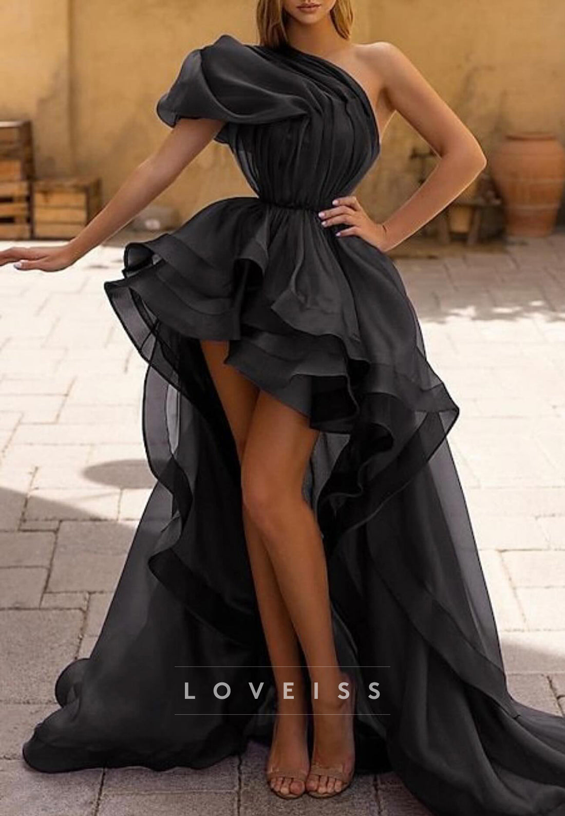 One-Shoulder Ruffled High-Low Evening Gown