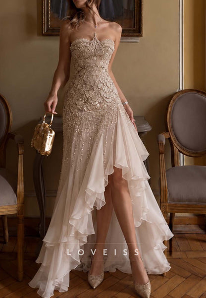 Strapless Beaded High-Low Gown with Ruffles