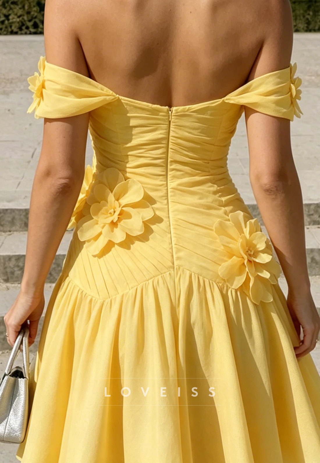 Off-the-Shoulder Ruched A-Line Dress with 3D Flowers