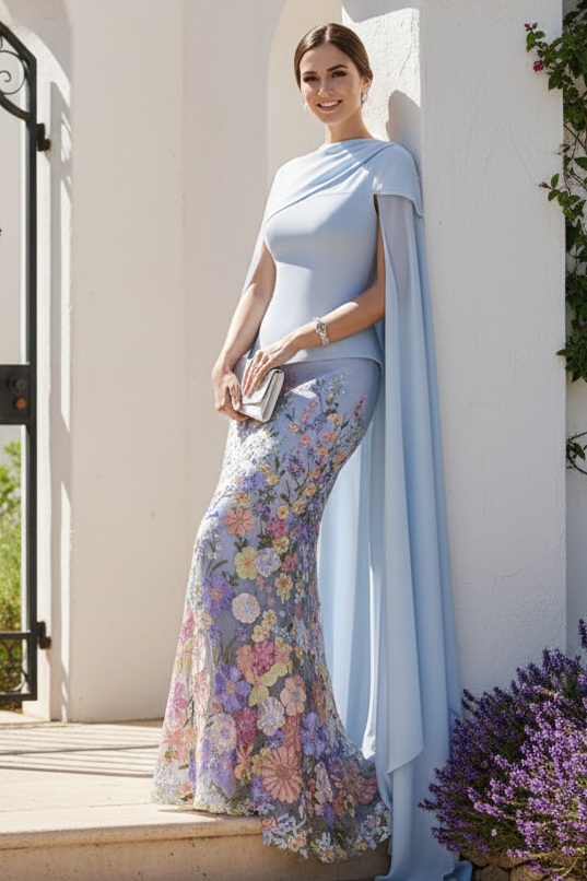 Cape Sleeve Floral Embroidered Evening Gown