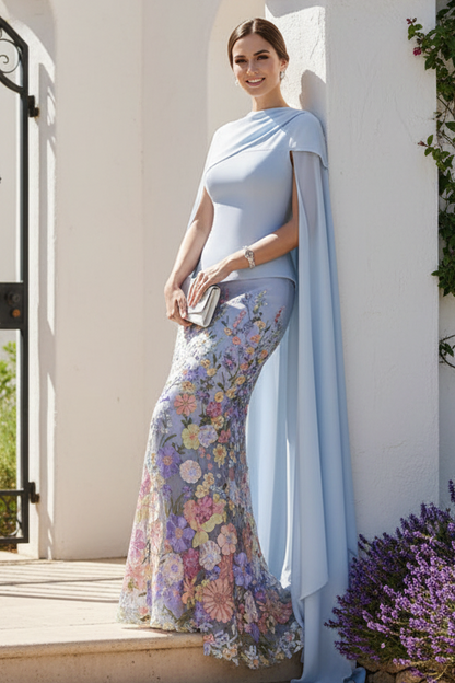 Cape Sleeve Floral Embroidered Evening Gown